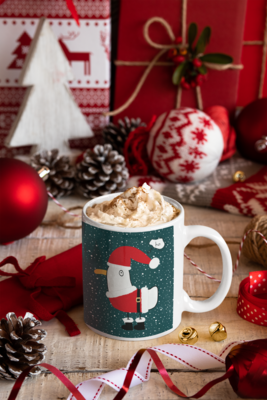 Coffee Mug Santa Seagull on white or snowy teal background in choice of 12 or 15oz white ceramic mug with high-quality sublimation inks - image4